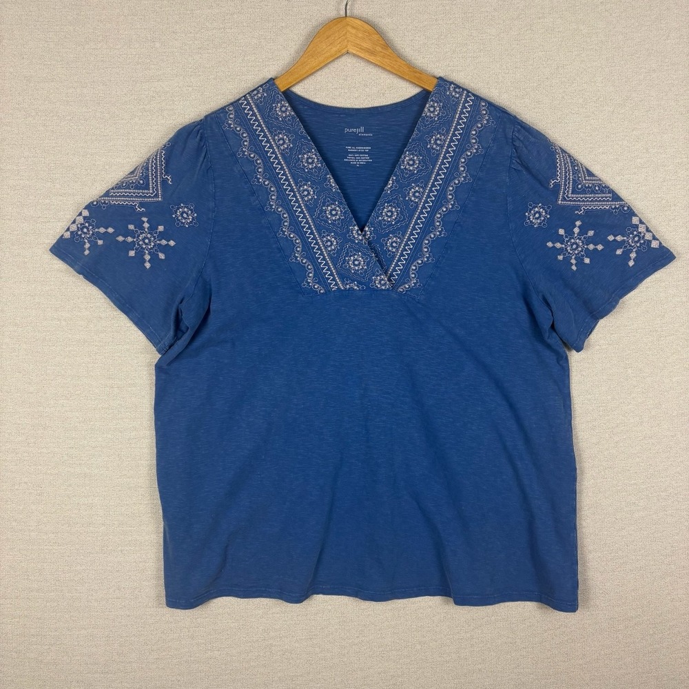 J Jill Purejill Top Womens XL Embroidered Garment Dyed Blue‎ Knit 100% Cotton